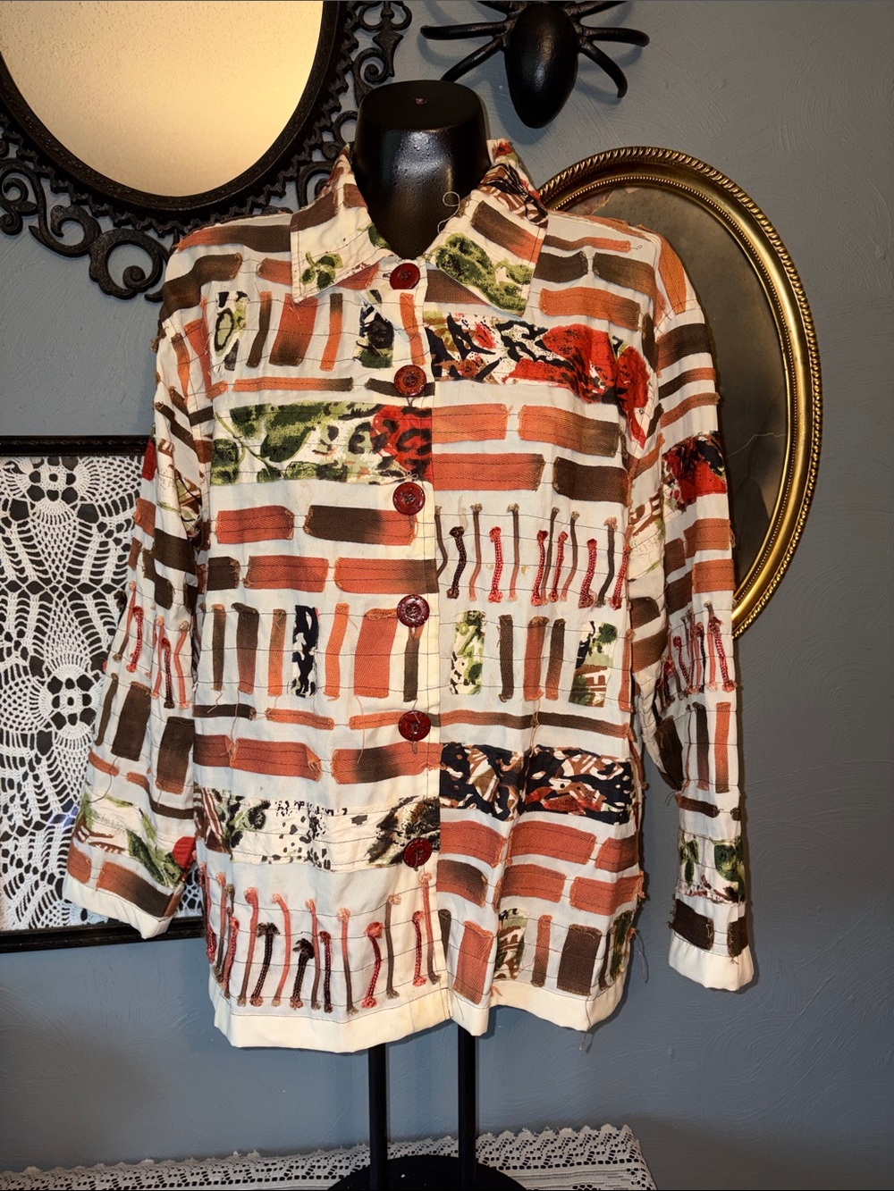 Patchwork Button-Front Women's Blazer Jacket in Brown, Cream & Green